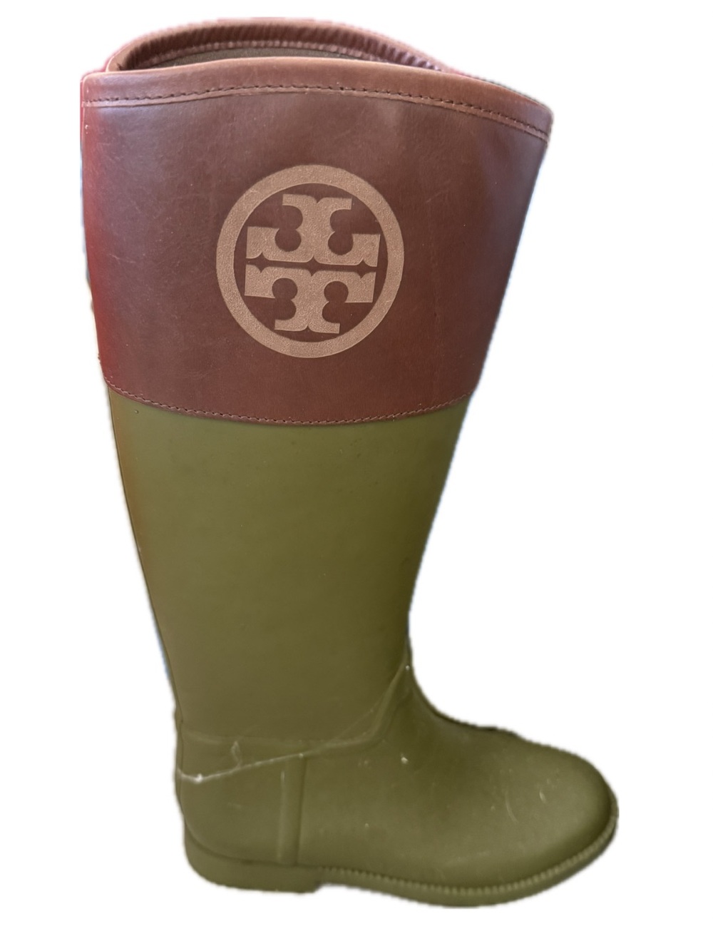 Tory Burch Olive Green and Brown Tall Logo Rain Boot